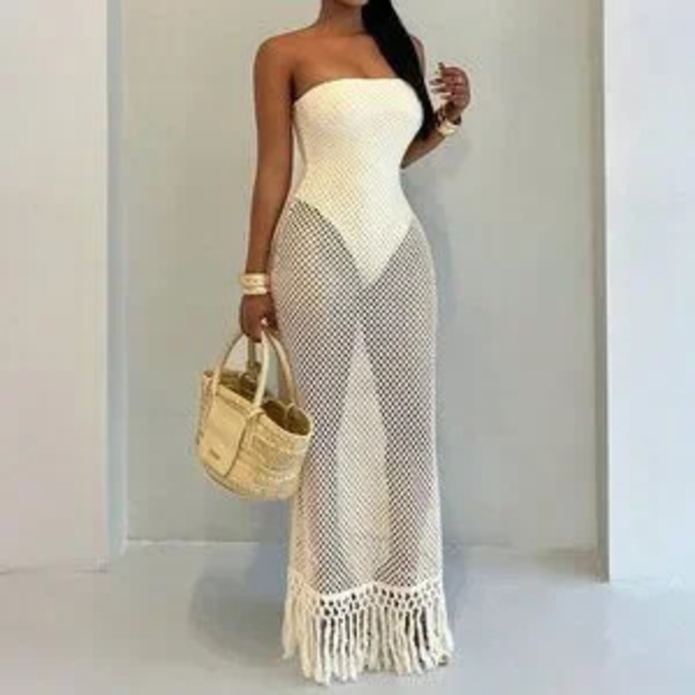 ZARA Apricot Sexy Women's Crochet Mesh Beach Tassel Jumpsuit Dress